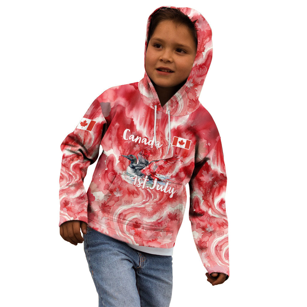 Canada Day Loon And Maple Leaf Kid Hoodie Watercolor Nature Scenery Mari Usque Ad Mare Artistic