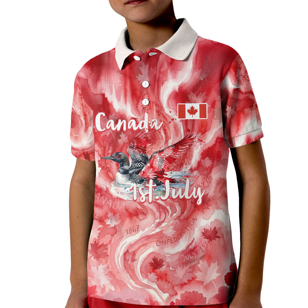 Canada Day Loon And Maple Leaf Kid Polo Shirt Watercolor Nature Scenery Mari Usque Ad Mare Artistic