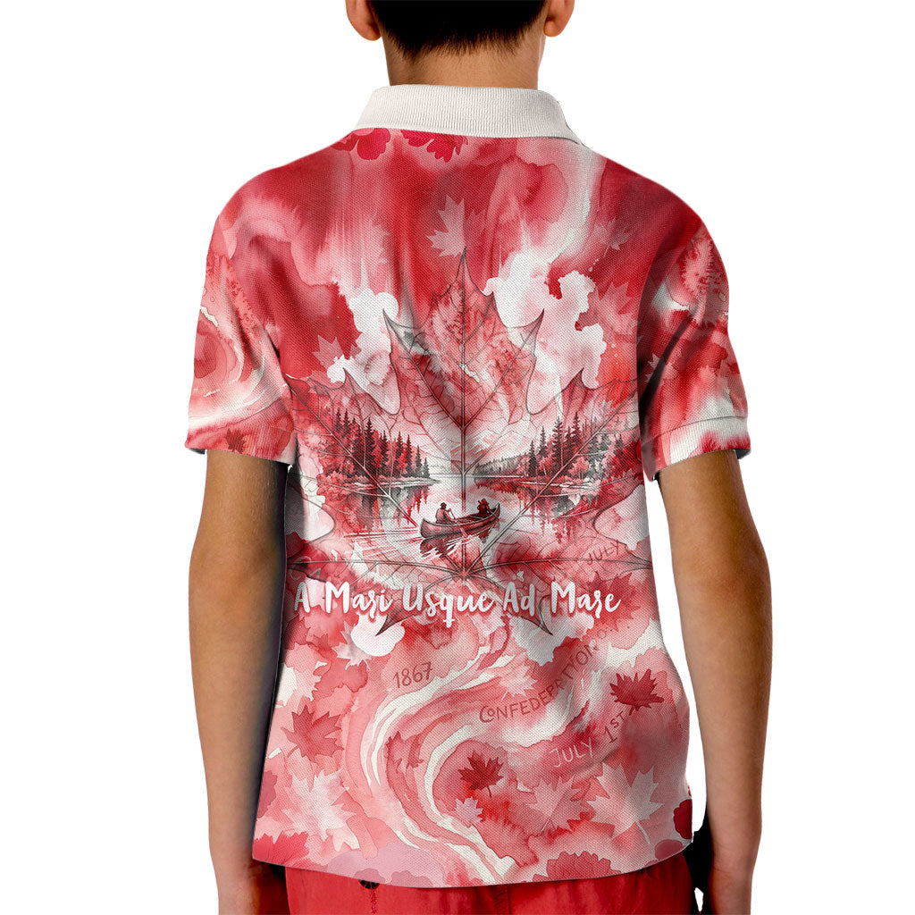Canada Day Loon And Maple Leaf Kid Polo Shirt Watercolor Nature Scenery Mari Usque Ad Mare Artistic