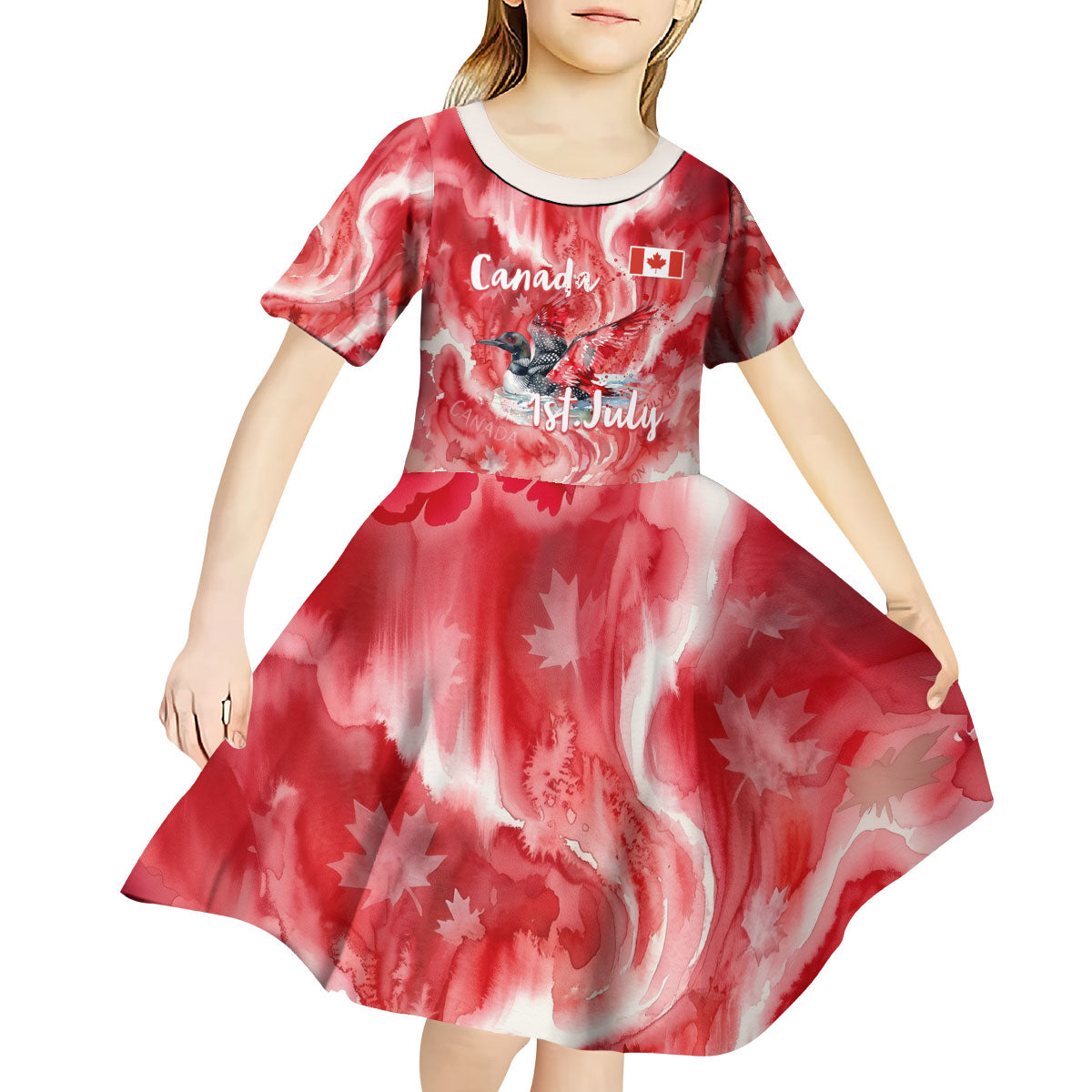 Canada Day Loon And Maple Leaf Kid Short Sleeve Dress Watercolor Nature Scenery Mari Usque Ad Mare Artistic