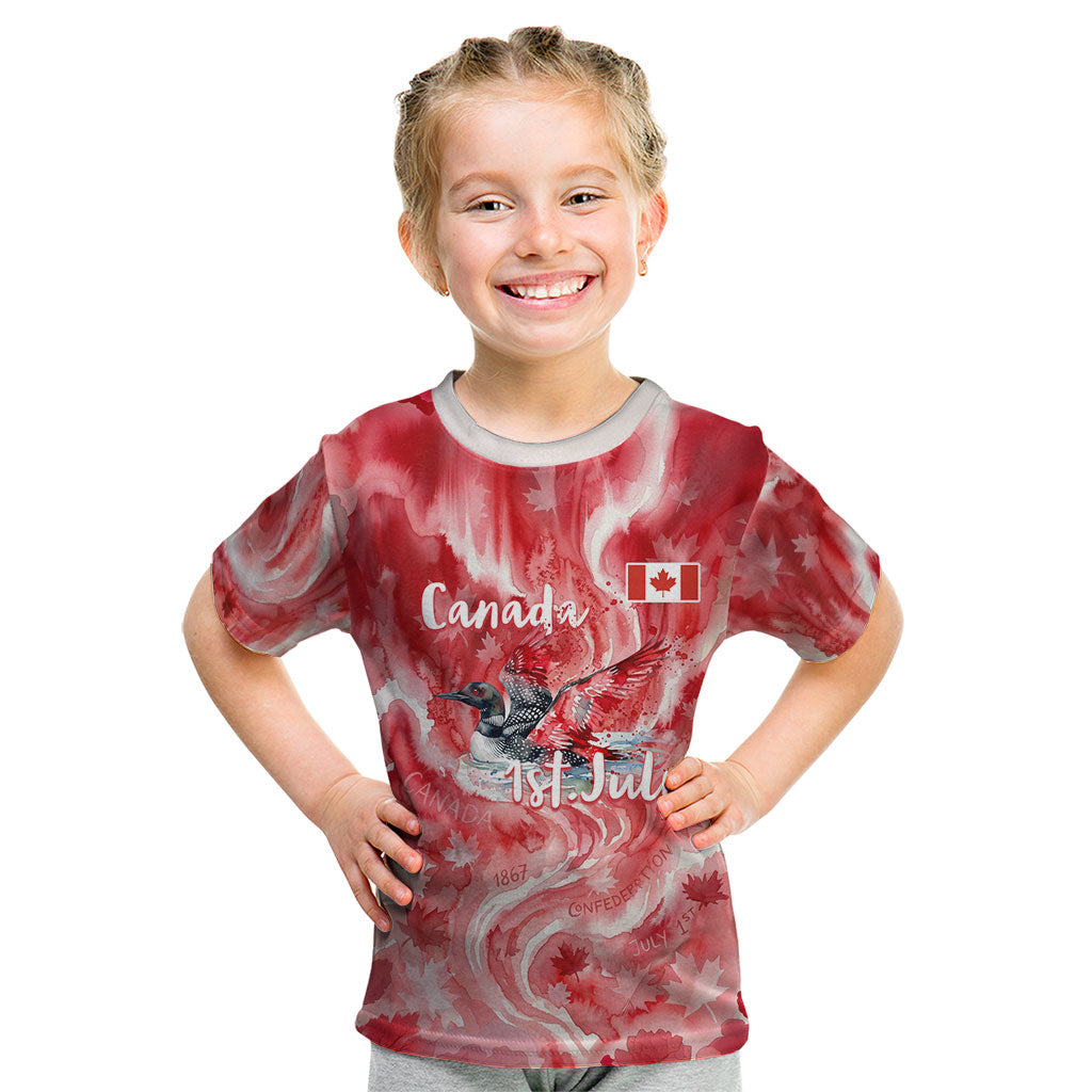 Canada Day Loon And Maple Leaf Kid T Shirt Watercolor Nature Scenery Mari Usque Ad Mare Artistic