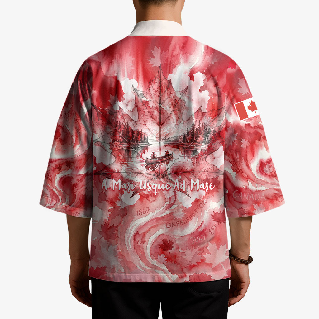 Canada Day Loon And Maple Leaf Kimono Watercolor Nature Scenery Mari Usque Ad Mare Artistic