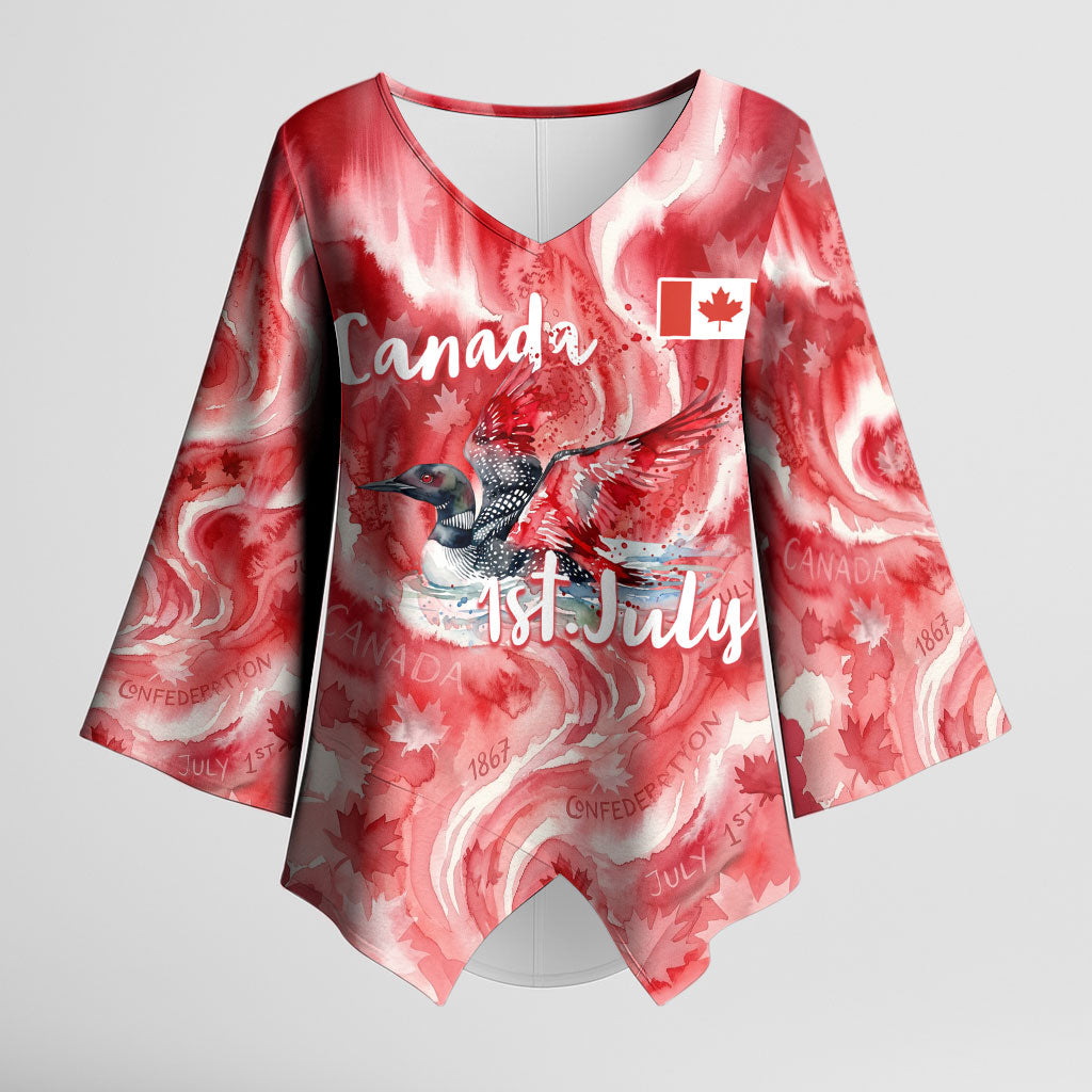 Canada Day Loon And Maple Leaf Kimono Sleeve Blouse Watercolor Nature Scenery Mari Usque Ad Mare Artistic
