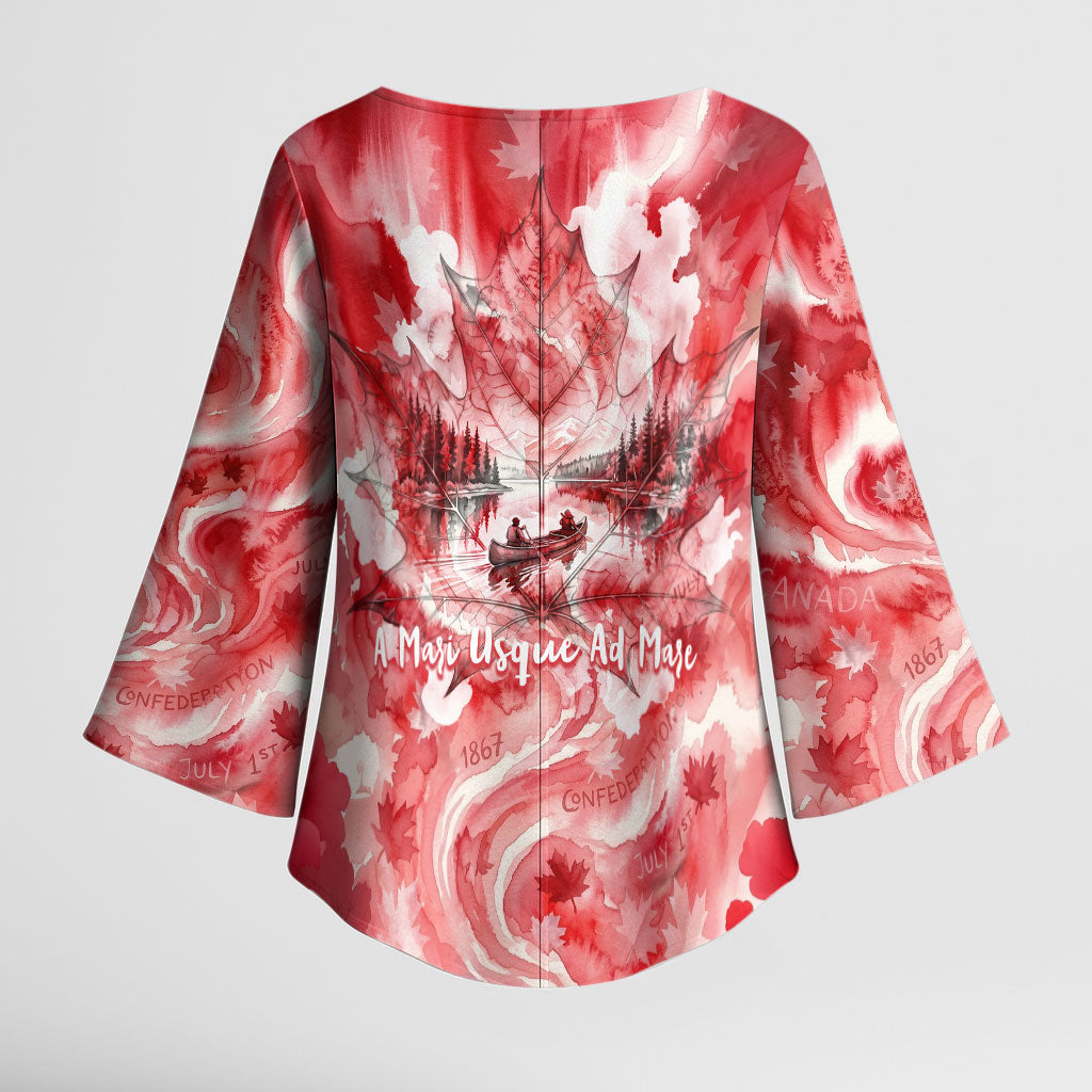 Canada Day Loon And Maple Leaf Kimono Sleeve Blouse Watercolor Nature Scenery Mari Usque Ad Mare Artistic