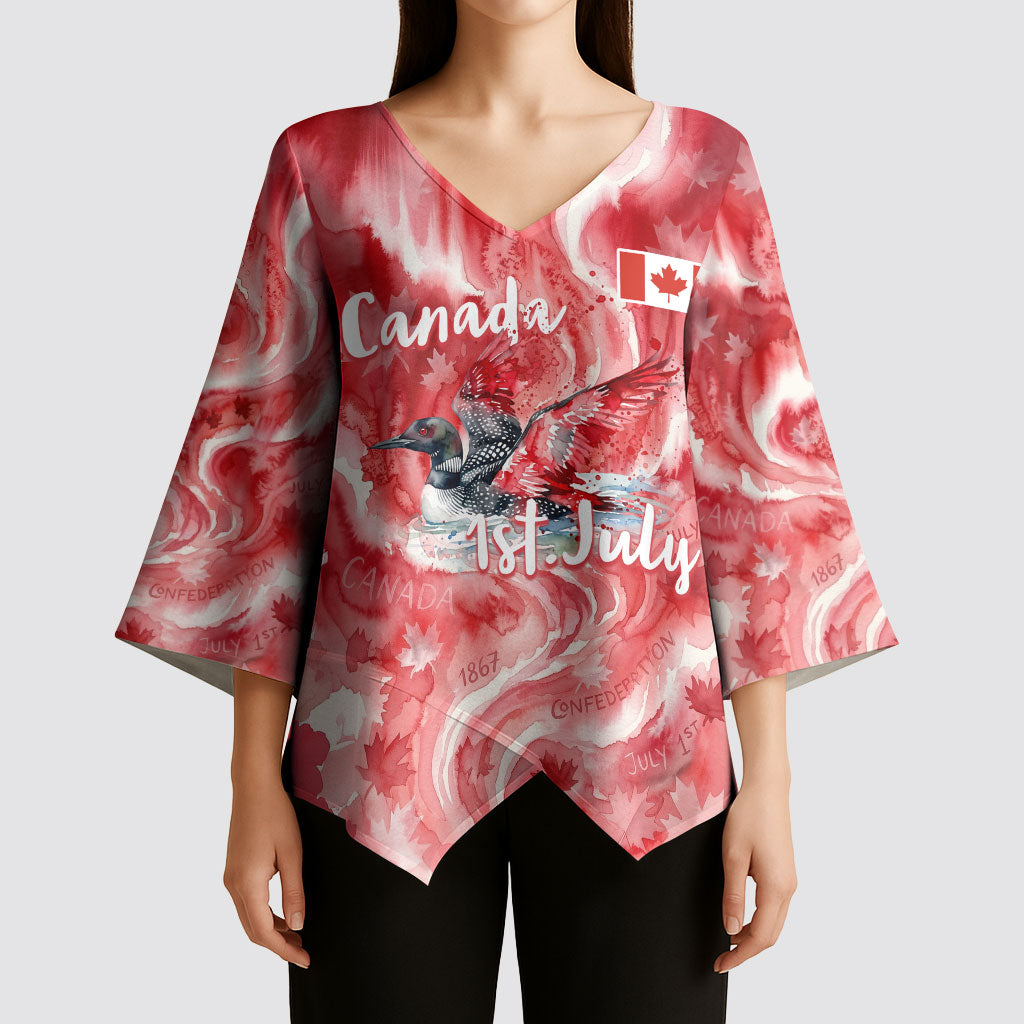 Canada Day Loon And Maple Leaf Kimono Sleeve Blouse Watercolor Nature Scenery Mari Usque Ad Mare Artistic