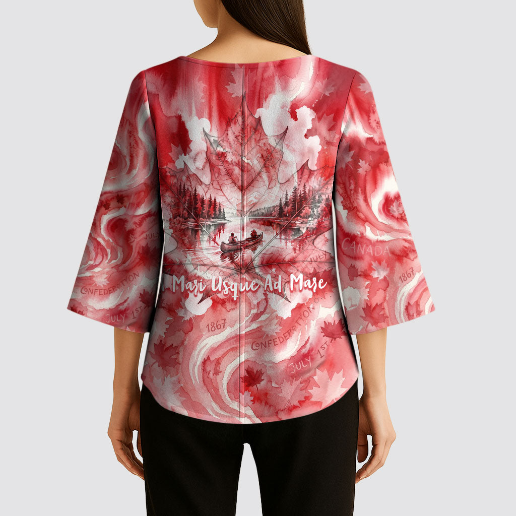Canada Day Loon And Maple Leaf Kimono Sleeve Blouse Watercolor Nature Scenery Mari Usque Ad Mare Artistic