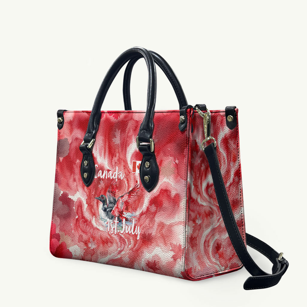 Canada Day Loon And Maple Leaf Leather Bag Watercolor Nature Scenery Mari Usque Ad Mare Artistic
