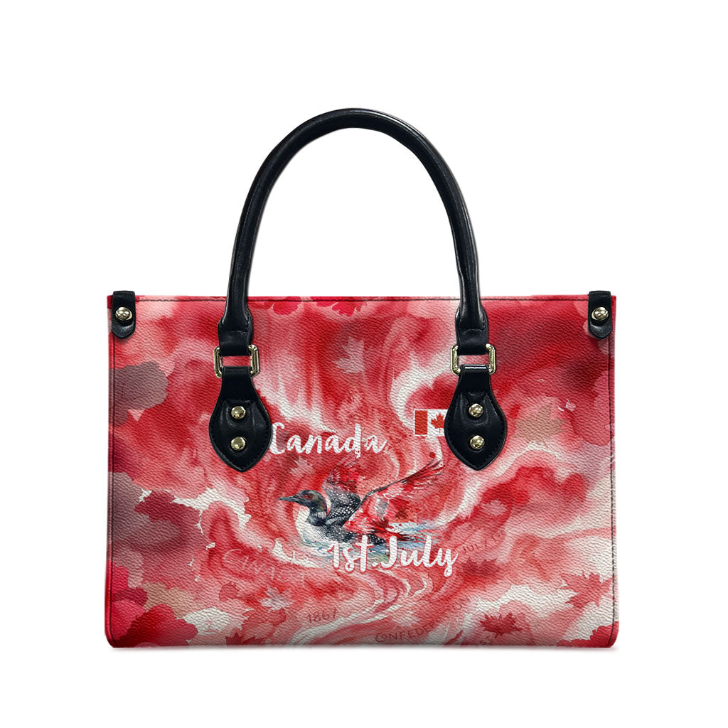 Canada Day Loon And Maple Leaf Leather Bag Watercolor Nature Scenery Mari Usque Ad Mare Artistic