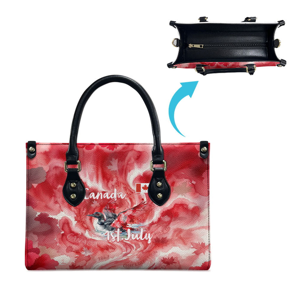 Canada Day Loon And Maple Leaf Leather Bag Watercolor Nature Scenery Mari Usque Ad Mare Artistic