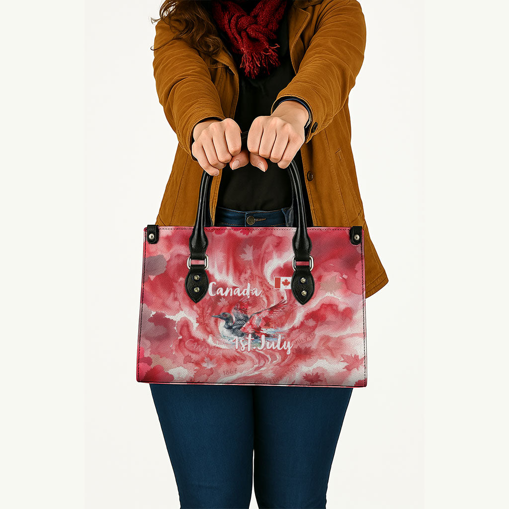Canada Day Loon And Maple Leaf Leather Bag Watercolor Nature Scenery Mari Usque Ad Mare Artistic