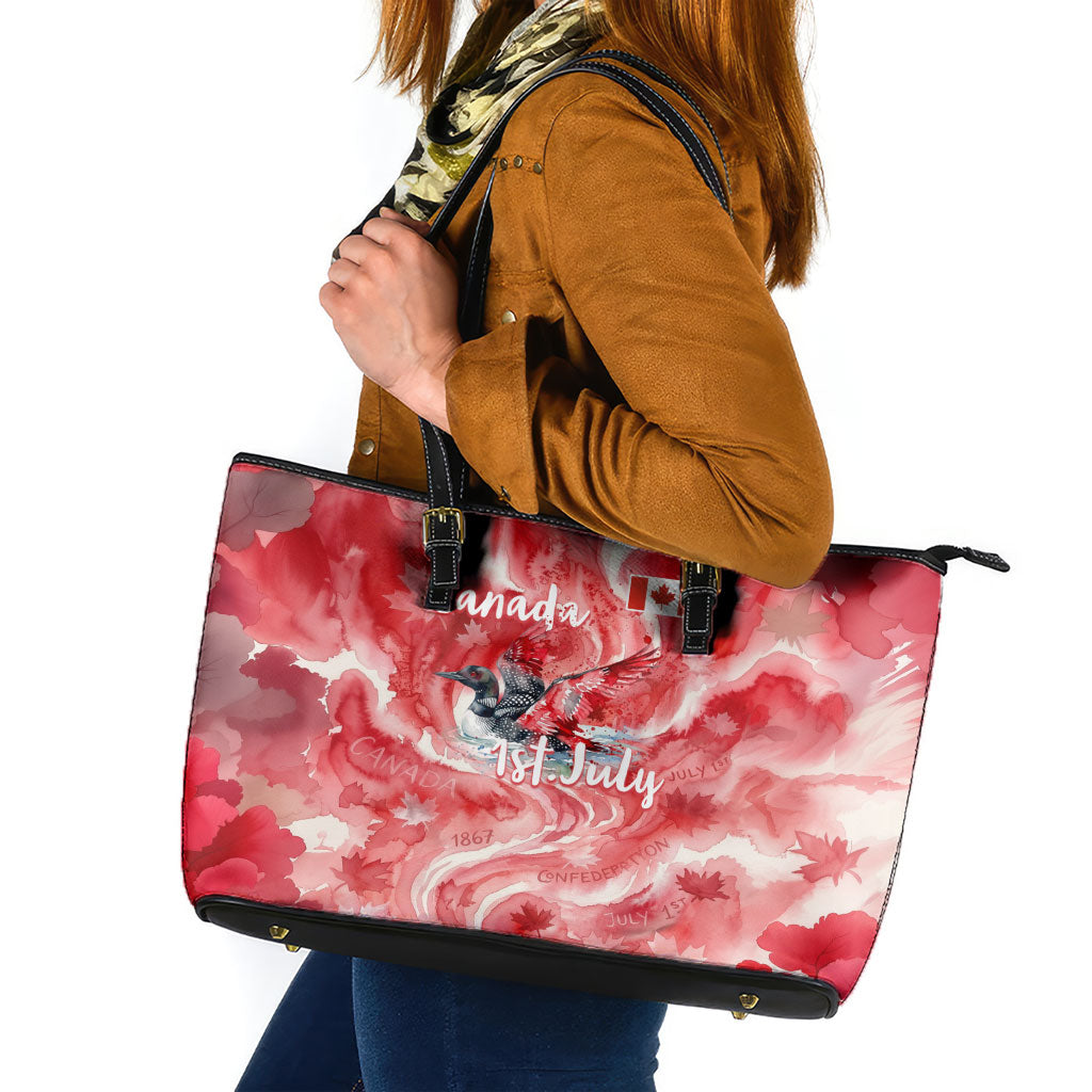 Canada Day Loon And Maple Leaf Leather Tote Bag Watercolor Nature Scenery Mari Usque Ad Mare Artistic