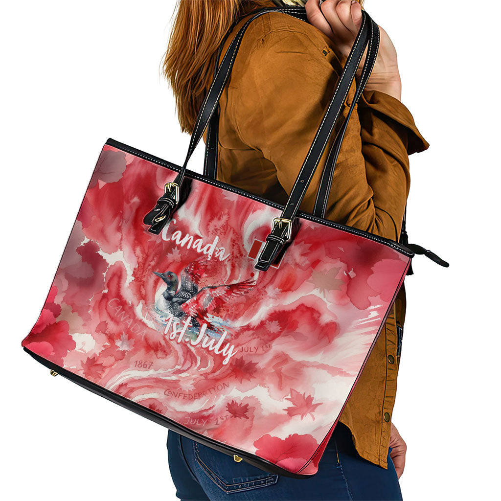 Canada Day Loon And Maple Leaf Leather Tote Bag Watercolor Nature Scenery Mari Usque Ad Mare Artistic