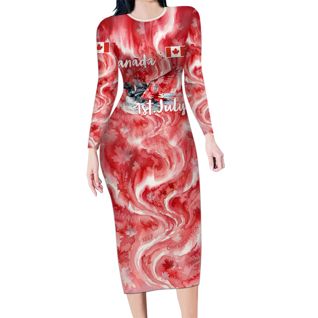 Canada Day Loon And Maple Leaf Long Sleeve Bodycon Dress Watercolor Nature Scenery Mari Usque Ad Mare Artistic