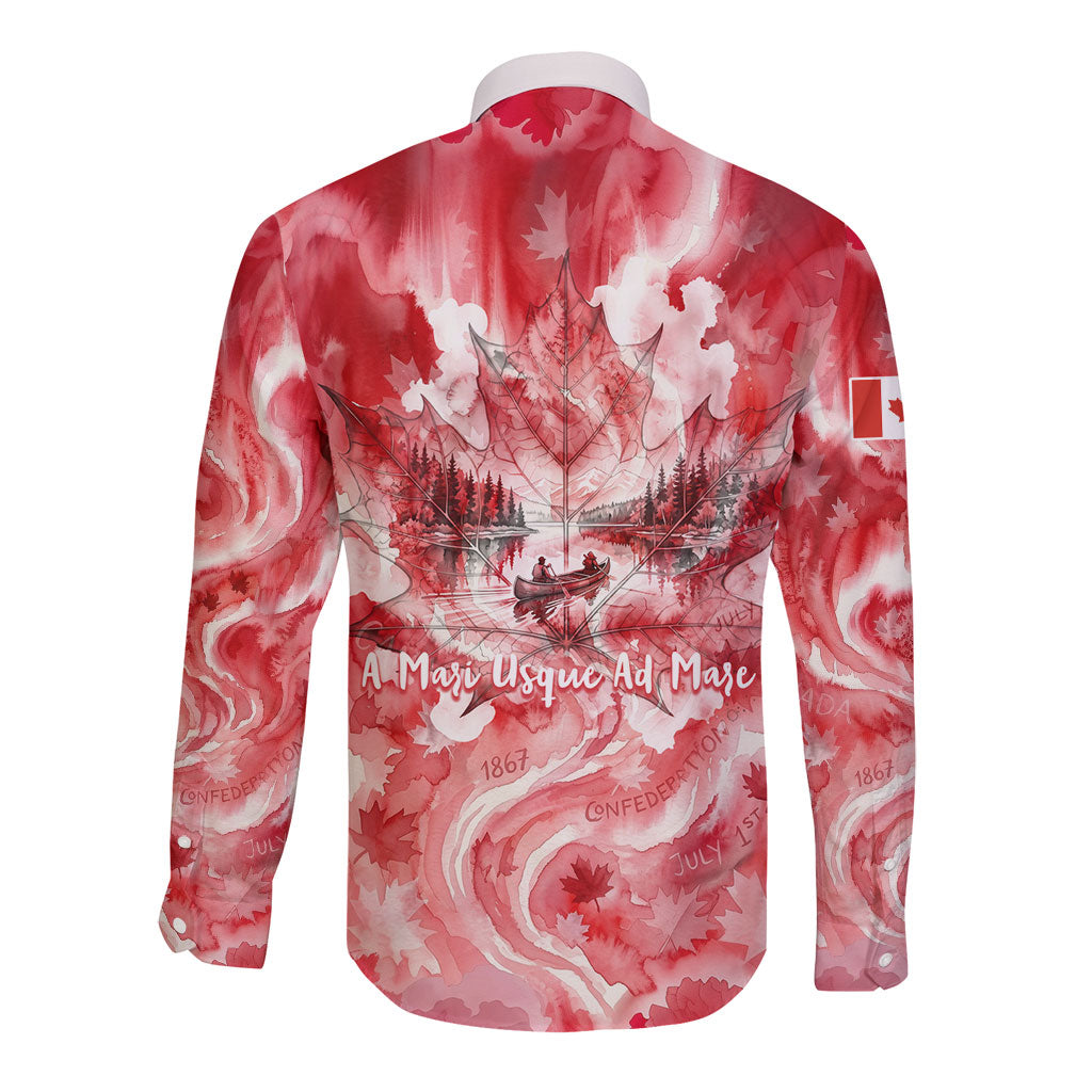 Canada Day Loon And Maple Leaf Long Sleeve Button Shirt Watercolor Nature Scenery Mari Usque Ad Mare Artistic