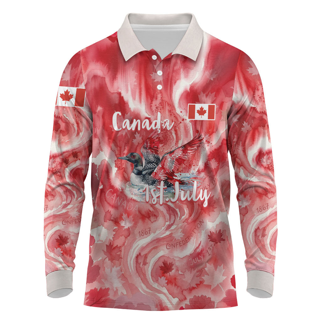 Canada Day Loon And Maple Leaf Long Sleeve Polo Shirt Watercolor Nature Scenery Mari Usque Ad Mare Artistic