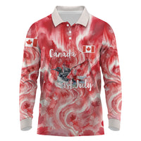 Canada Day Loon And Maple Leaf Long Sleeve Polo Shirt Watercolor Nature Scenery Mari Usque Ad Mare Artistic