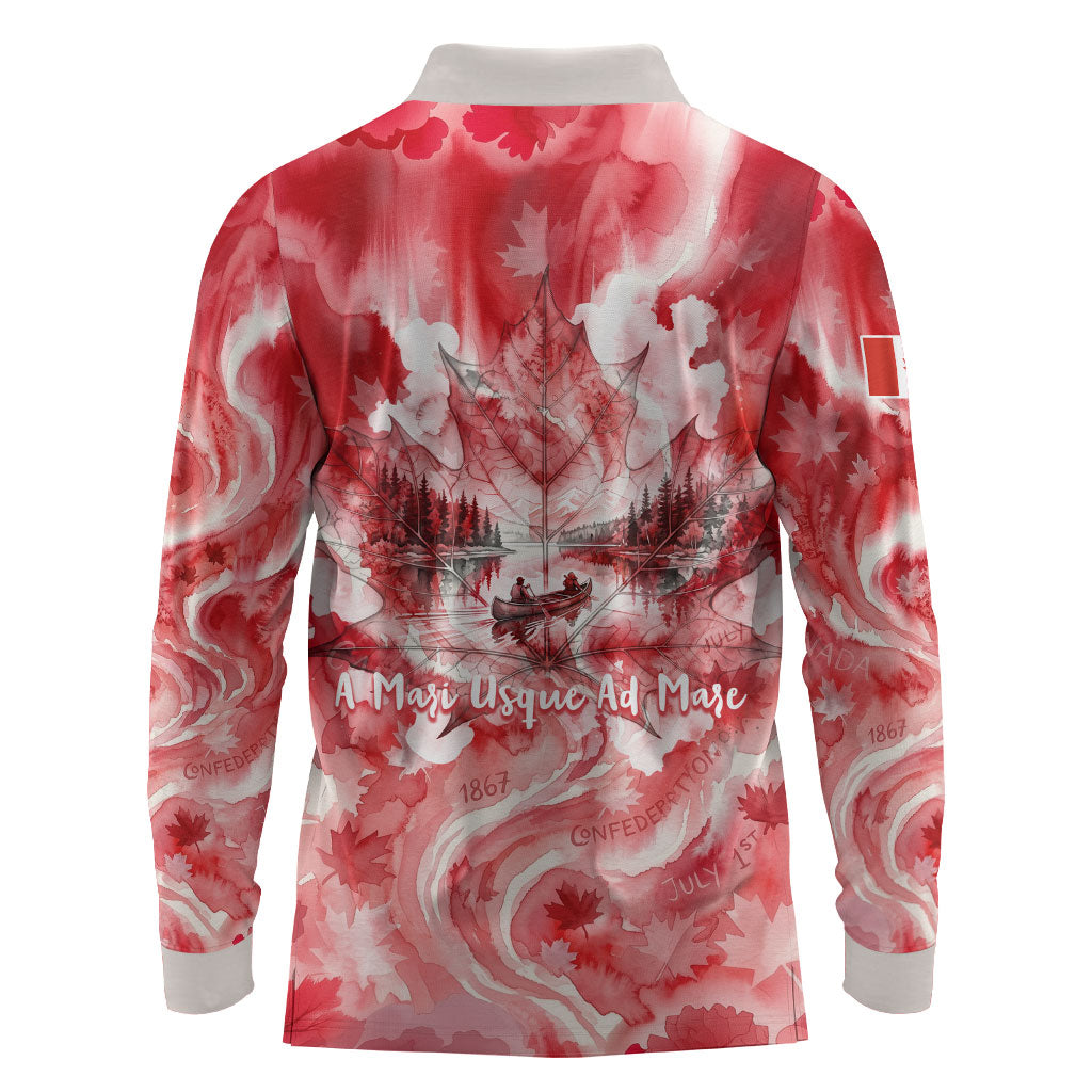 Canada Day Loon And Maple Leaf Long Sleeve Polo Shirt Watercolor Nature Scenery Mari Usque Ad Mare Artistic