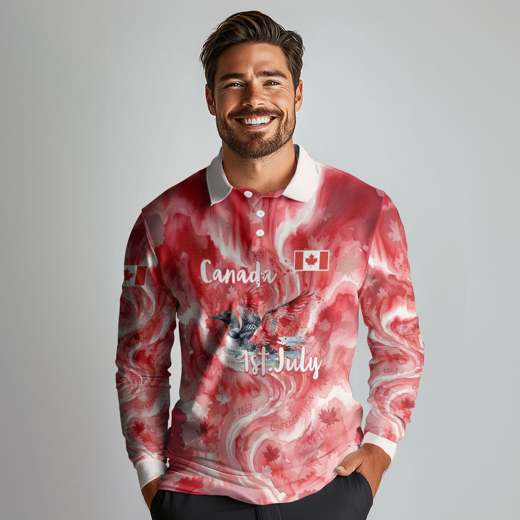 Canada Day Loon And Maple Leaf Long Sleeve Polo Shirt Watercolor Nature Scenery Mari Usque Ad Mare Artistic