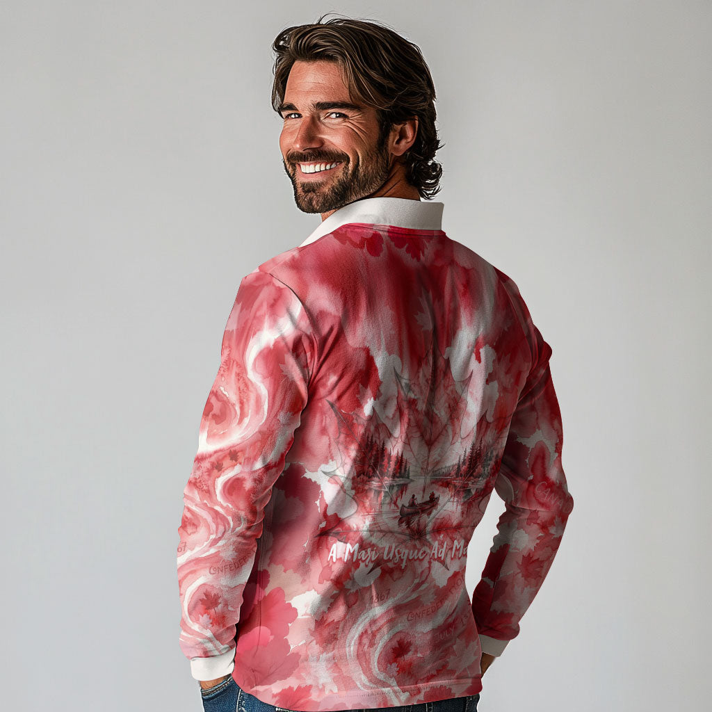 Canada Day Loon And Maple Leaf Long Sleeve Polo Shirt Watercolor Nature Scenery Mari Usque Ad Mare Artistic