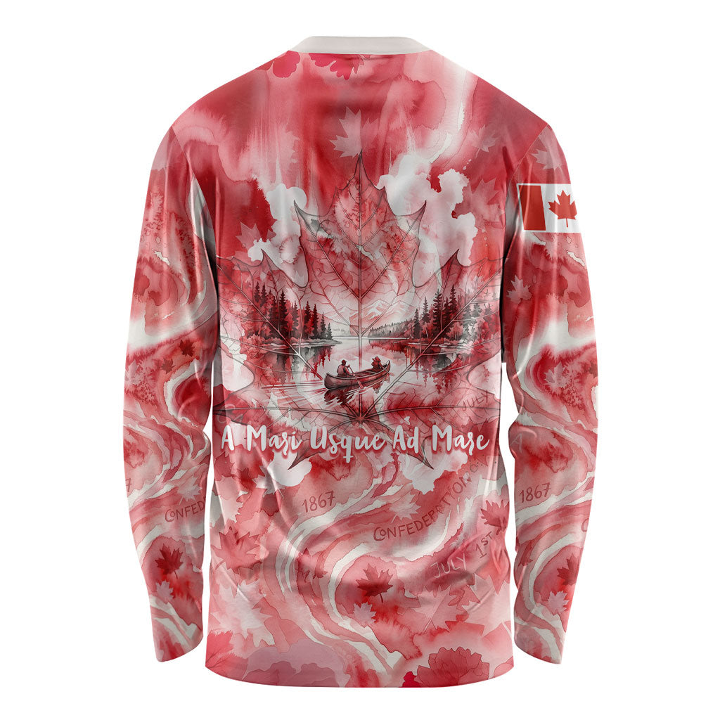 Canada Day Loon And Maple Leaf Long Sleeve Shirt Watercolor Nature Scenery Mari Usque Ad Mare Artistic