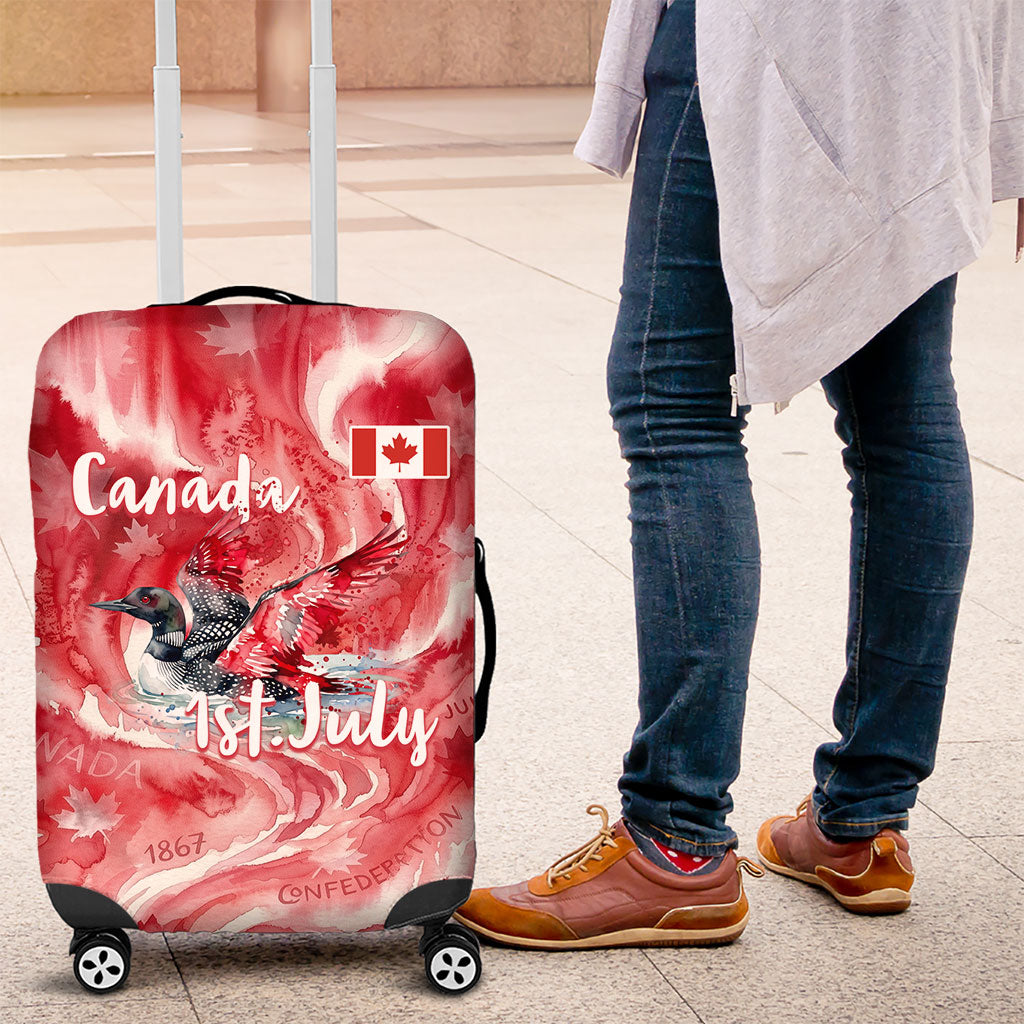 Canada Day Loon And Maple Leaf Luggage Cover Watercolor Nature Scenery Mari Usque Ad Mare Artistic