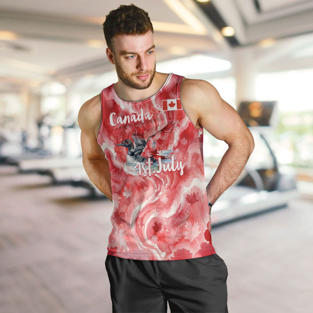Canada Day Loon And Maple Leaf Men Tank Top Watercolor Nature Scenery Mari Usque Ad Mare Artistic
