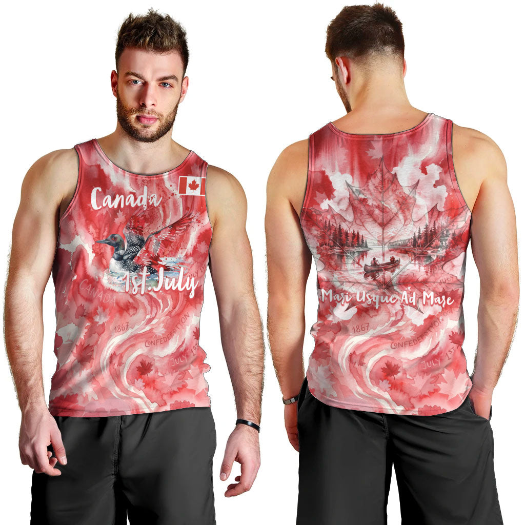 Canada Day Loon And Maple Leaf Men Tank Top Watercolor Nature Scenery Mari Usque Ad Mare Artistic