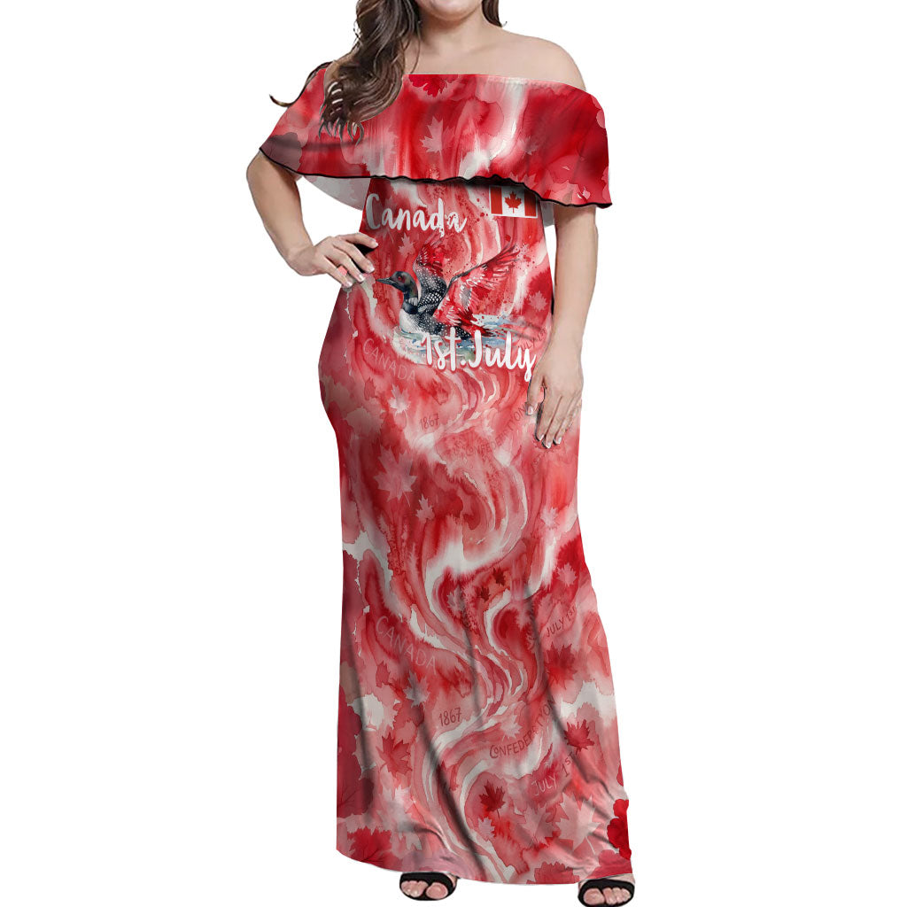 Canada Day Loon And Maple Leaf Off Shoulder Maxi Dress Watercolor Nature Scenery Mari Usque Ad Mare Artistic
