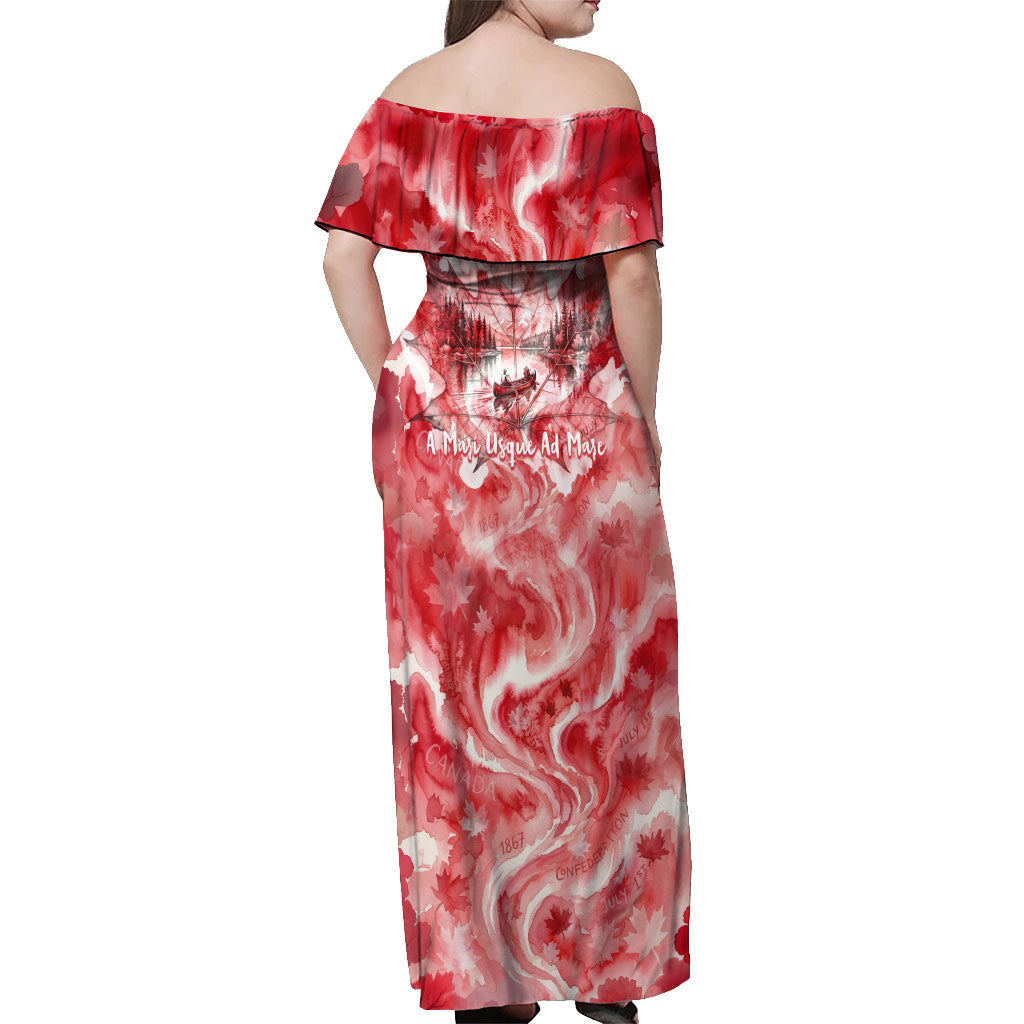 Canada Day Loon And Maple Leaf Off Shoulder Maxi Dress Watercolor Nature Scenery Mari Usque Ad Mare Artistic