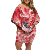 Canada Day Loon And Maple Leaf Off Shoulder Short Dress Watercolor Nature Scenery Mari Usque Ad Mare Artistic