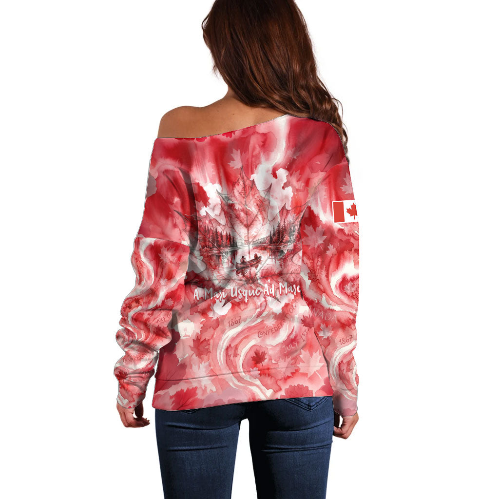 Canada Day Loon And Maple Leaf Off Shoulder Sweater Watercolor Nature Scenery Mari Usque Ad Mare Artistic