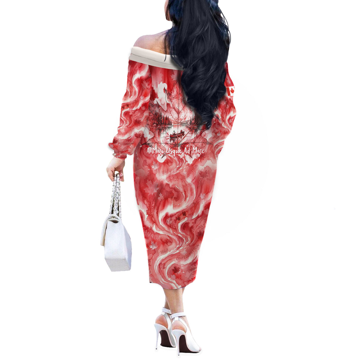 Canada Day Loon And Maple Leaf Off The Shoulder Long Sleeve Dress Watercolor Nature Scenery Mari Usque Ad Mare Artistic