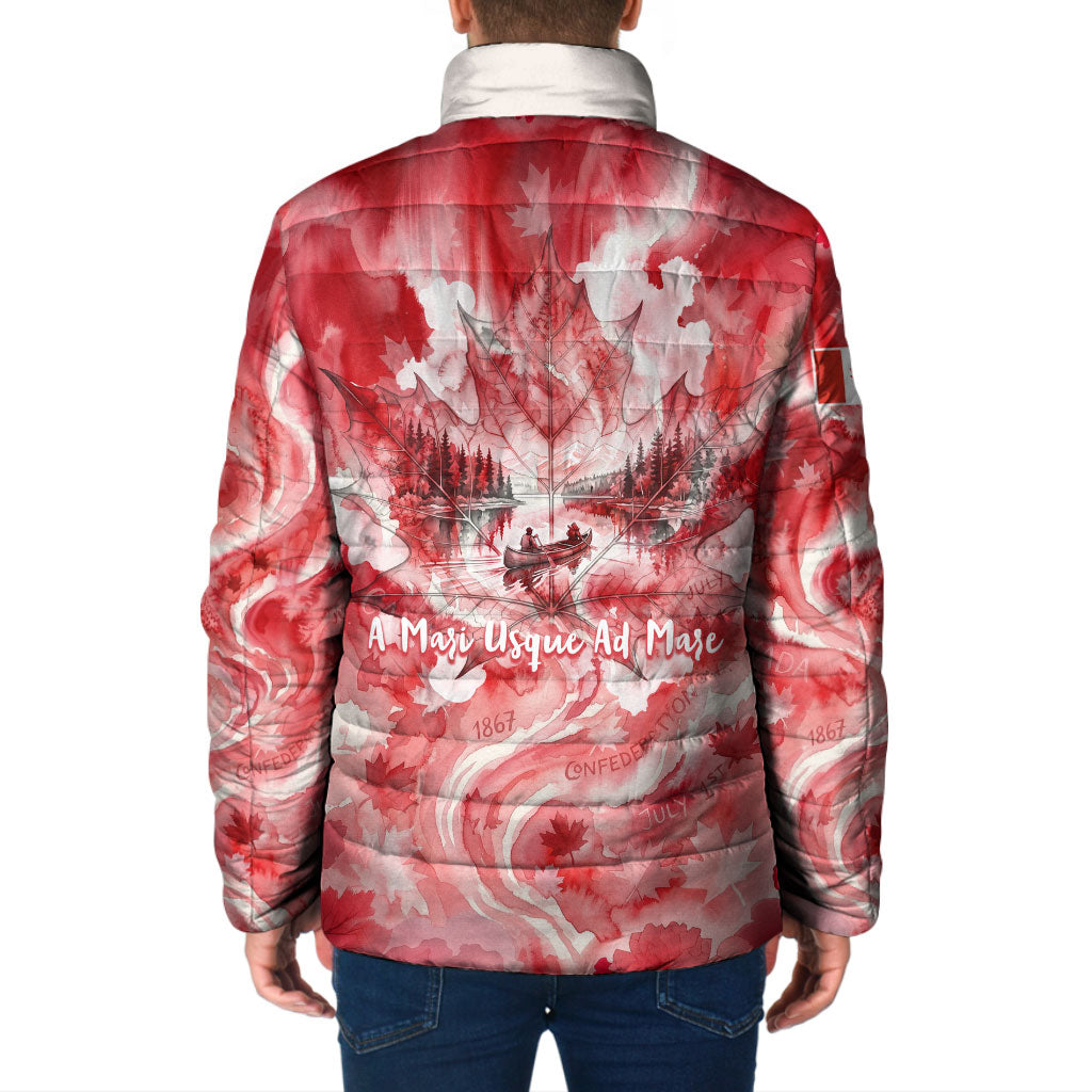 Canada Day Loon And Maple Leaf Padded Jacket Watercolor Nature Scenery Mari Usque Ad Mare Artistic