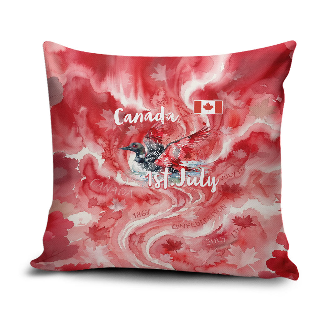 Canada Day Loon And Maple Leaf Pillow Cover Watercolor Nature Scenery Mari Usque Ad Mare Artistic