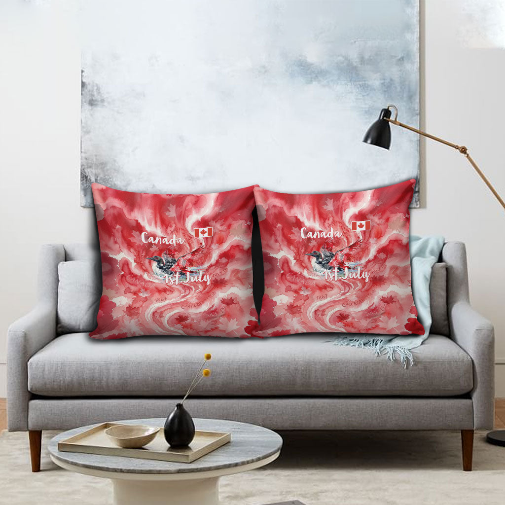 Canada Day Loon And Maple Leaf Pillow Cover Watercolor Nature Scenery Mari Usque Ad Mare Artistic
