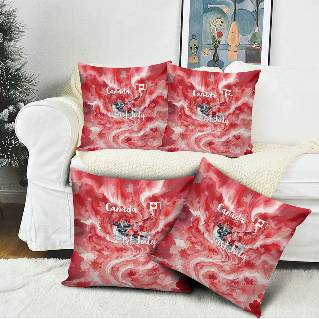 Canada Day Loon And Maple Leaf Pillow Cover Watercolor Nature Scenery Mari Usque Ad Mare Artistic