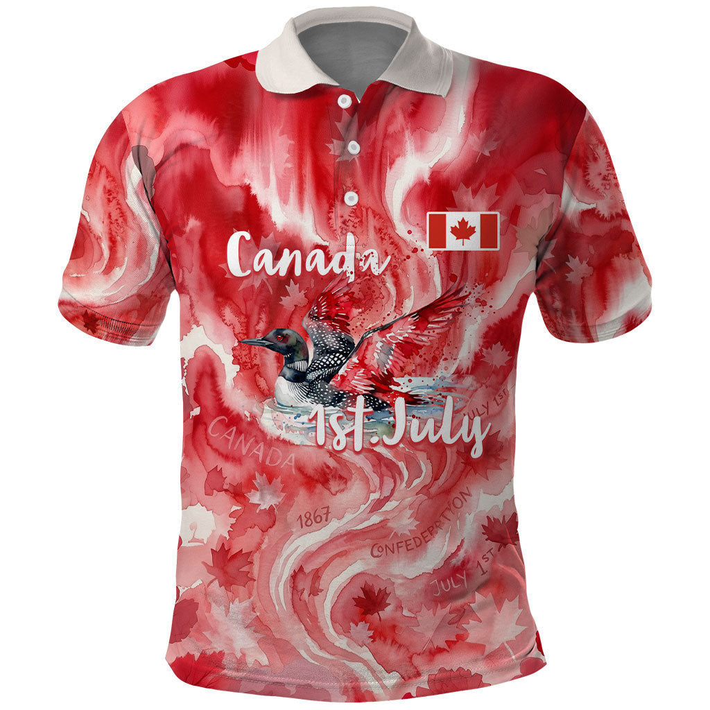 Canada Day Loon And Maple Leaf Polo Shirt Watercolor Nature Scenery Mari Usque Ad Mare Artistic