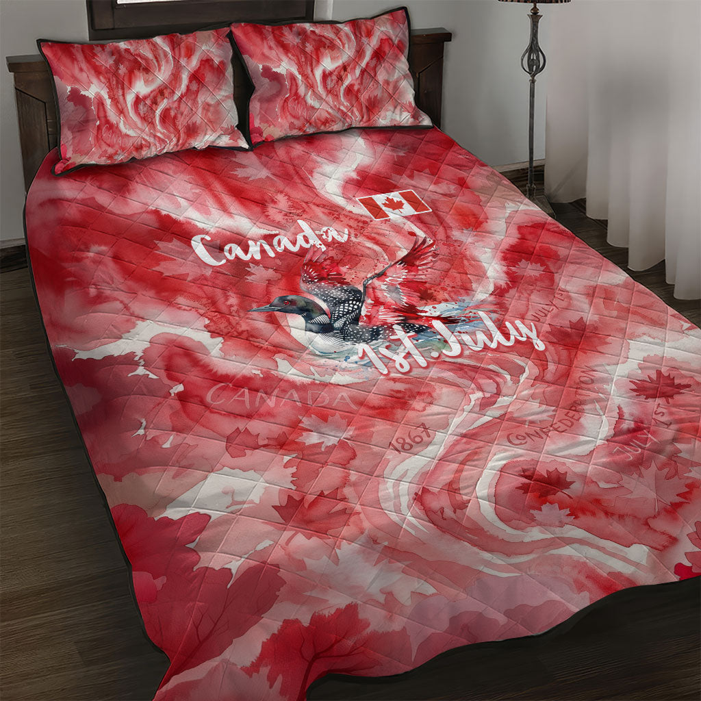 Canada Day Loon And Maple Leaf Quilt Bed Set Watercolor Nature Scenery Mari Usque Ad Mare Artistic