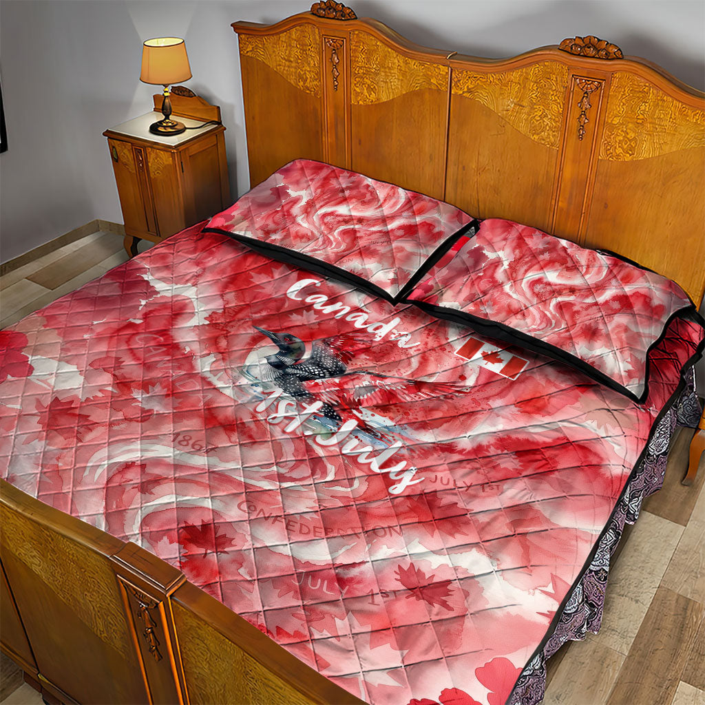 Canada Day Loon And Maple Leaf Quilt Bed Set Watercolor Nature Scenery Mari Usque Ad Mare Artistic