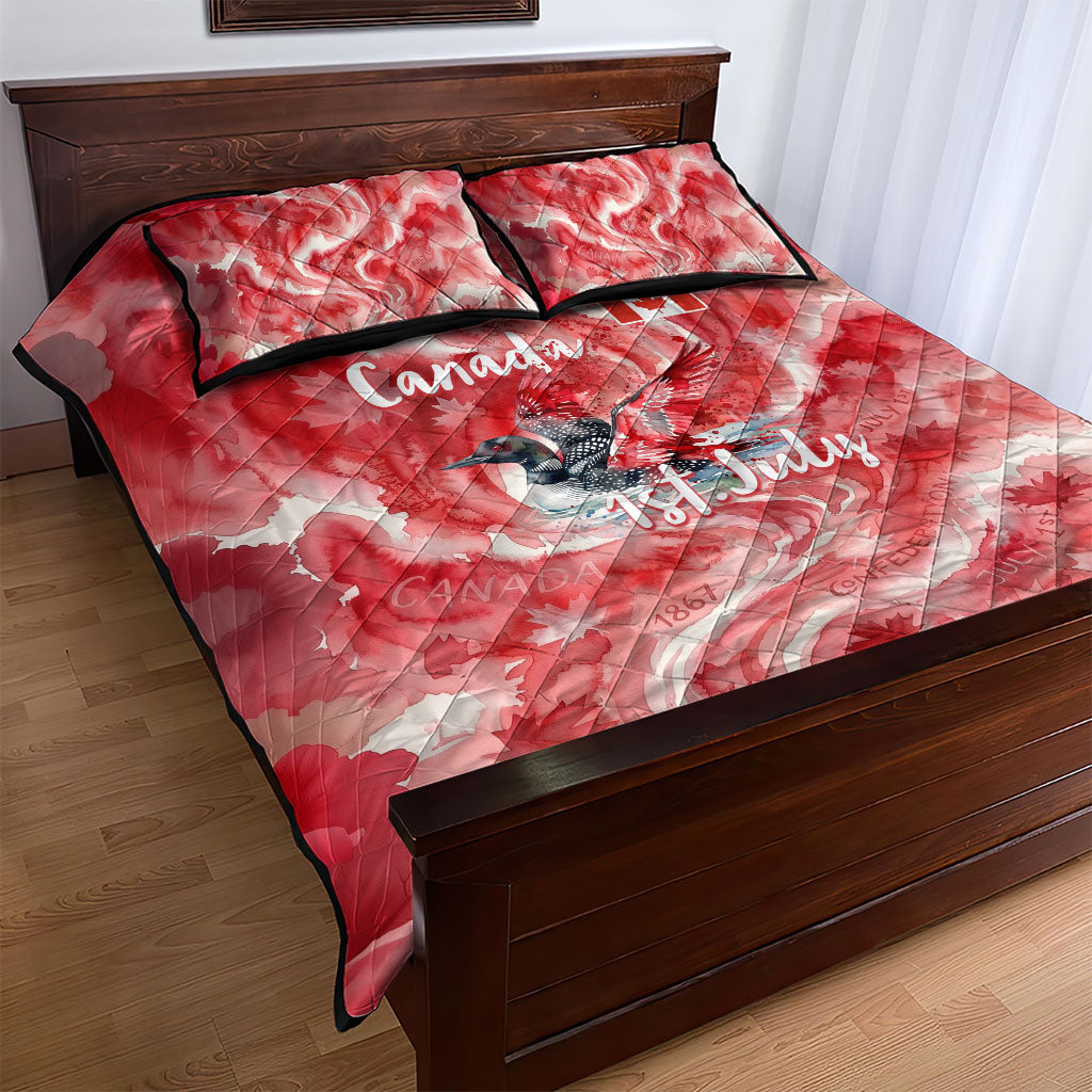 Canada Day Loon And Maple Leaf Quilt Bed Set Watercolor Nature Scenery Mari Usque Ad Mare Artistic