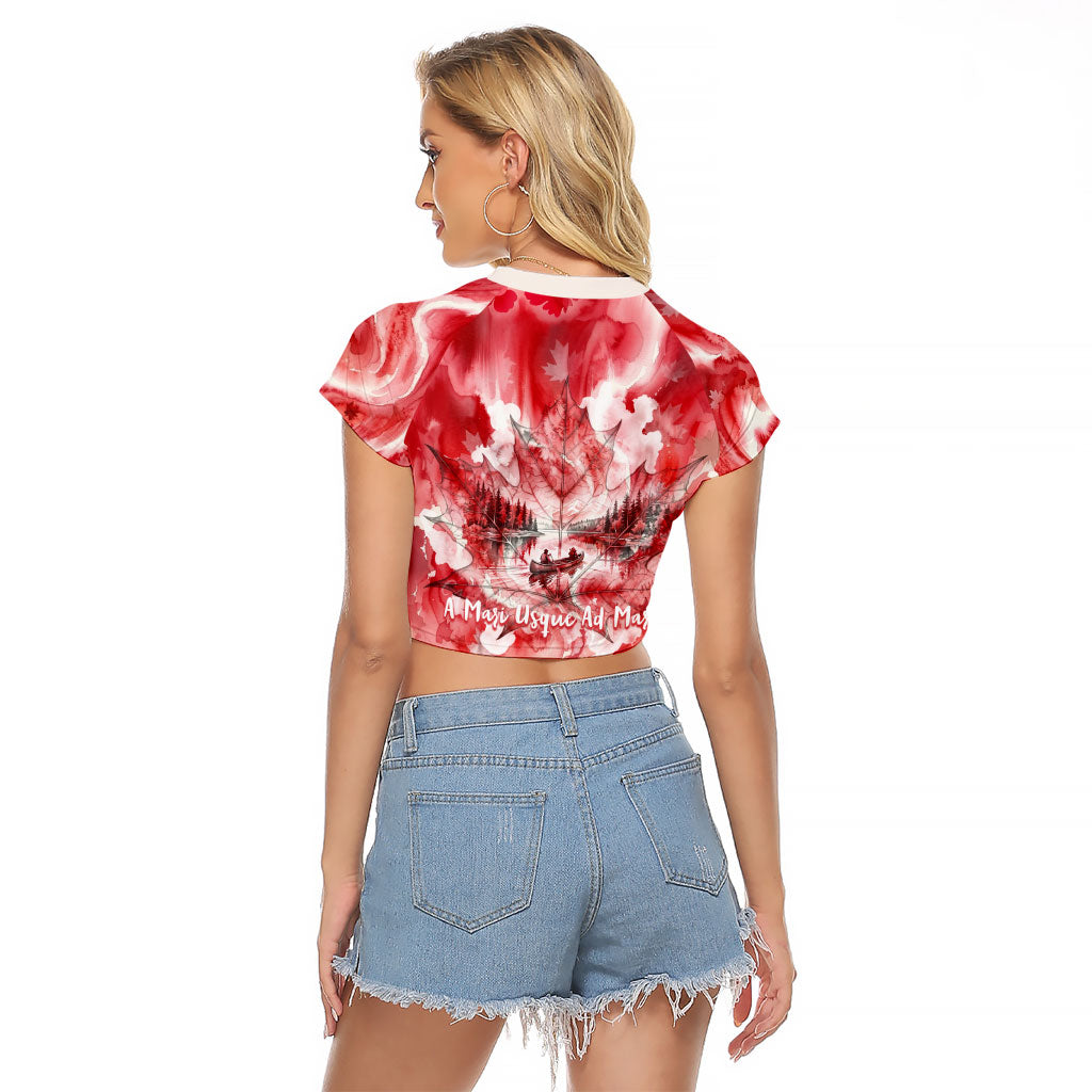 Canada Day Loon And Maple Leaf Raglan Cropped T Shirt Watercolor Nature Scenery Mari Usque Ad Mare Artistic