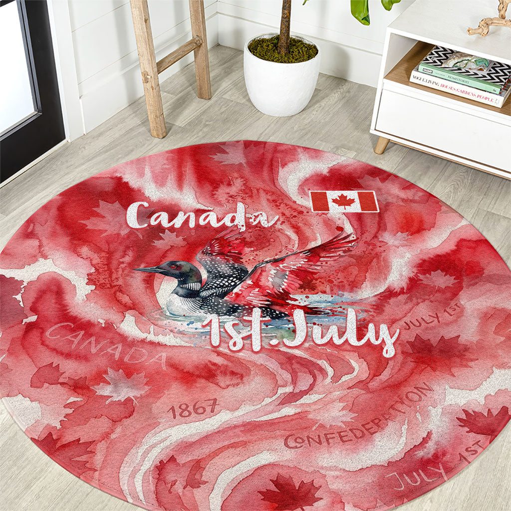 Canada Day Loon And Maple Leaf Round Carpet Watercolor Nature Scenery Mari Usque Ad Mare Artistic