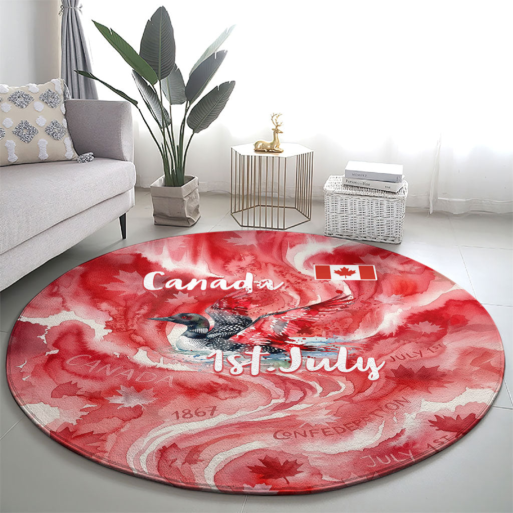 Canada Day Loon And Maple Leaf Round Carpet Watercolor Nature Scenery Mari Usque Ad Mare Artistic