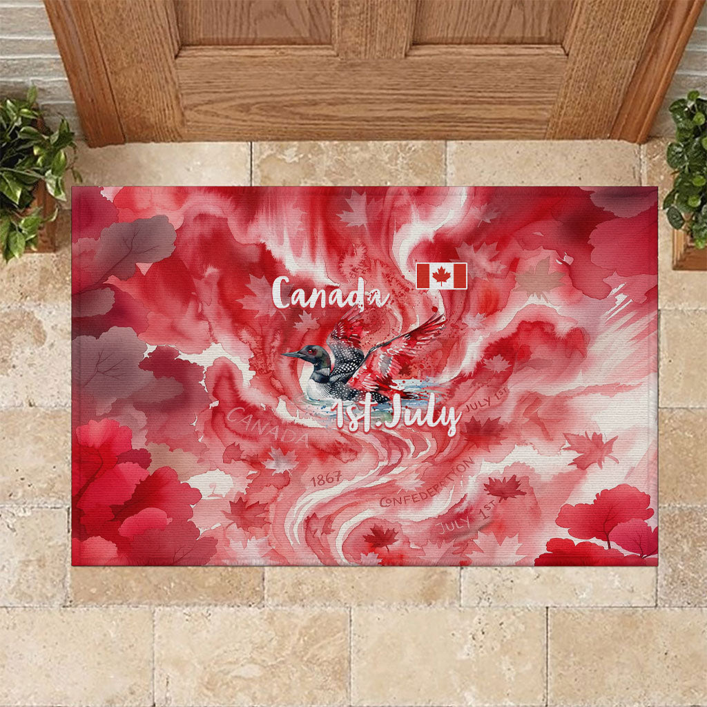 Canada Day Loon And Maple Leaf Rubber Doormat Watercolor Nature Scenery Mari Usque Ad Mare Artistic