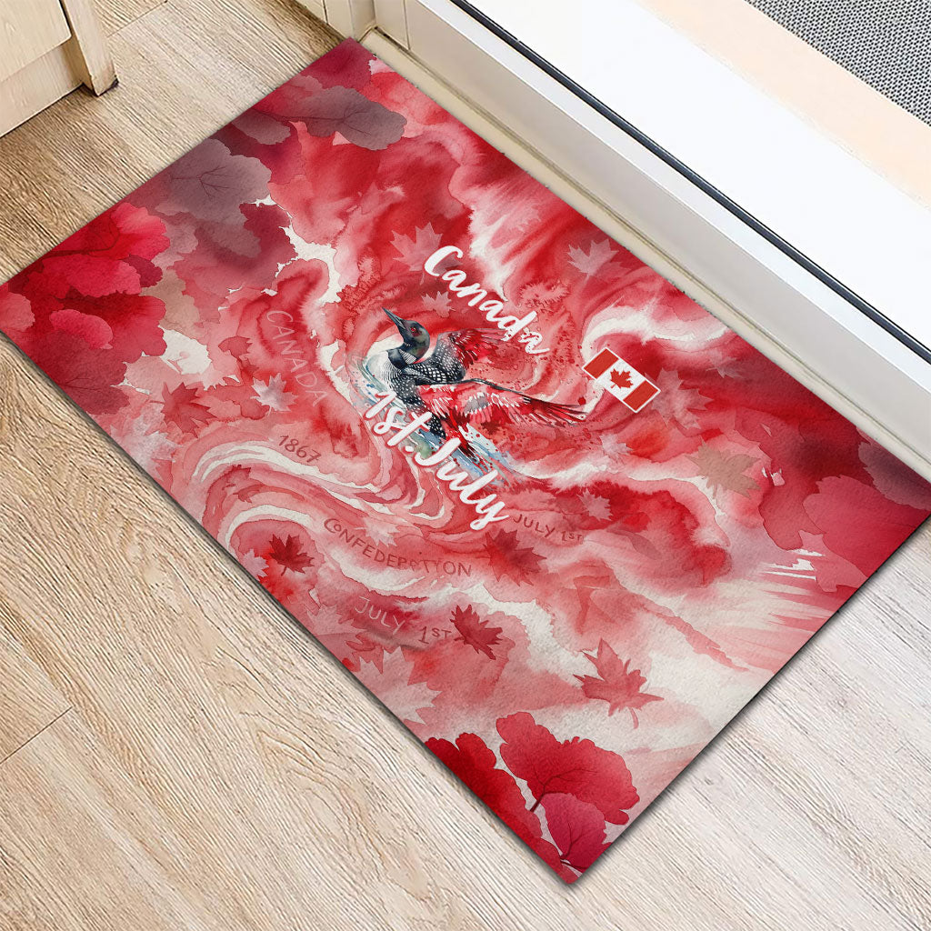 Canada Day Loon And Maple Leaf Rubber Doormat Watercolor Nature Scenery Mari Usque Ad Mare Artistic