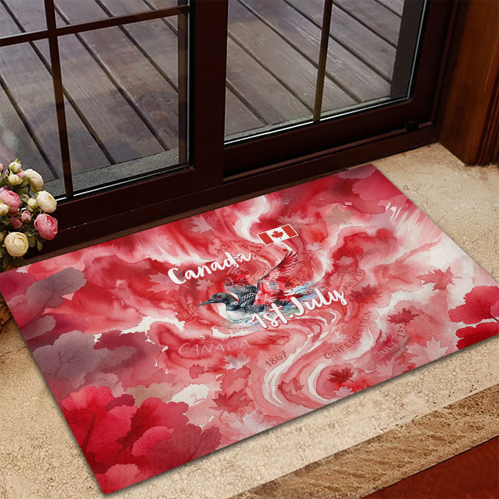 Canada Day Loon And Maple Leaf Rubber Doormat Watercolor Nature Scenery Mari Usque Ad Mare Artistic