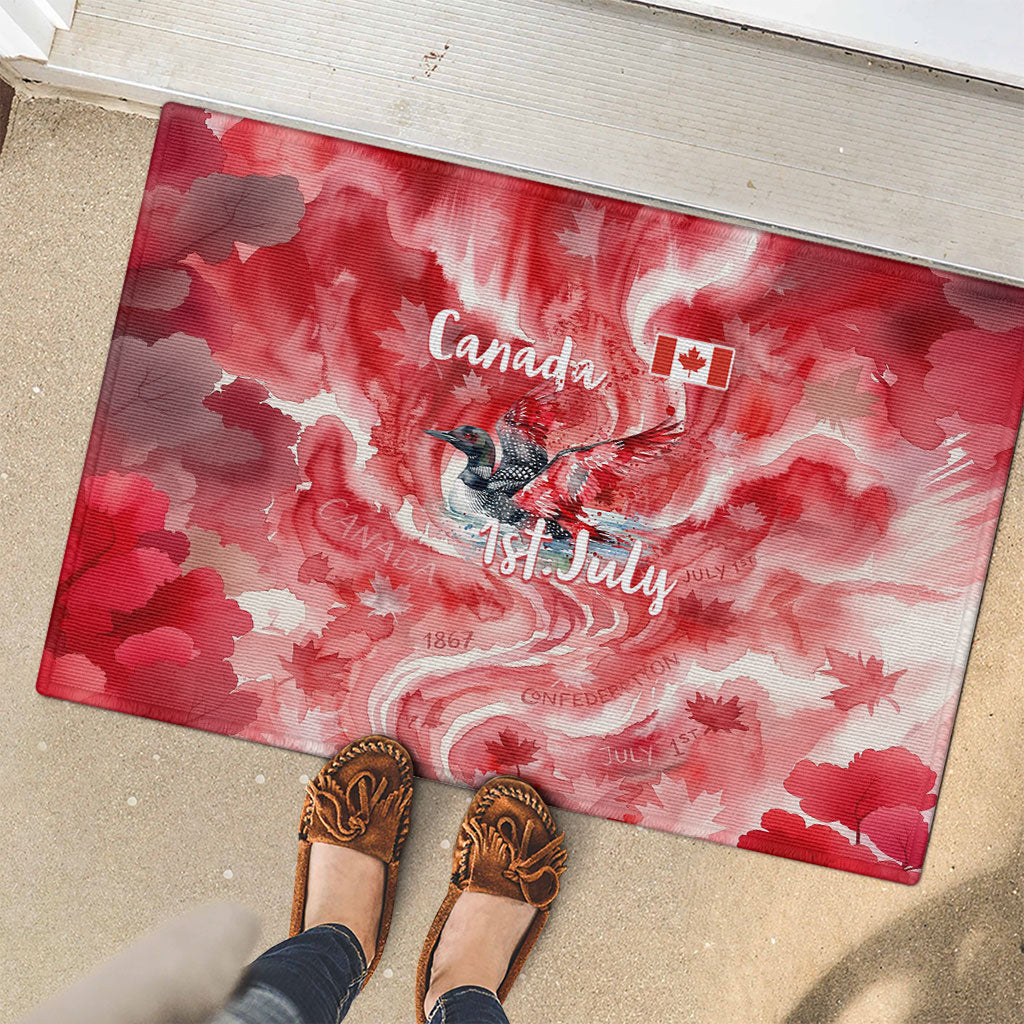 Canada Day Loon And Maple Leaf Rubber Doormat Watercolor Nature Scenery Mari Usque Ad Mare Artistic