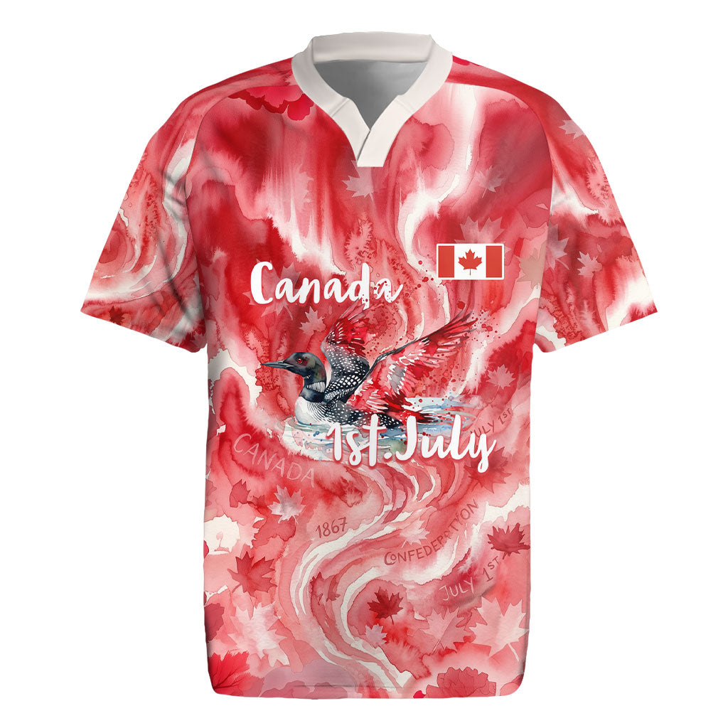 Canada Day Loon And Maple Leaf Rugby Jersey Watercolor Nature Scenery Mari Usque Ad Mare Artistic