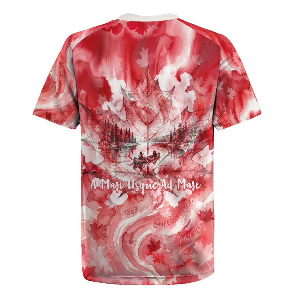 Canada Day Loon And Maple Leaf Rugby Jersey Watercolor Nature Scenery Mari Usque Ad Mare Artistic
