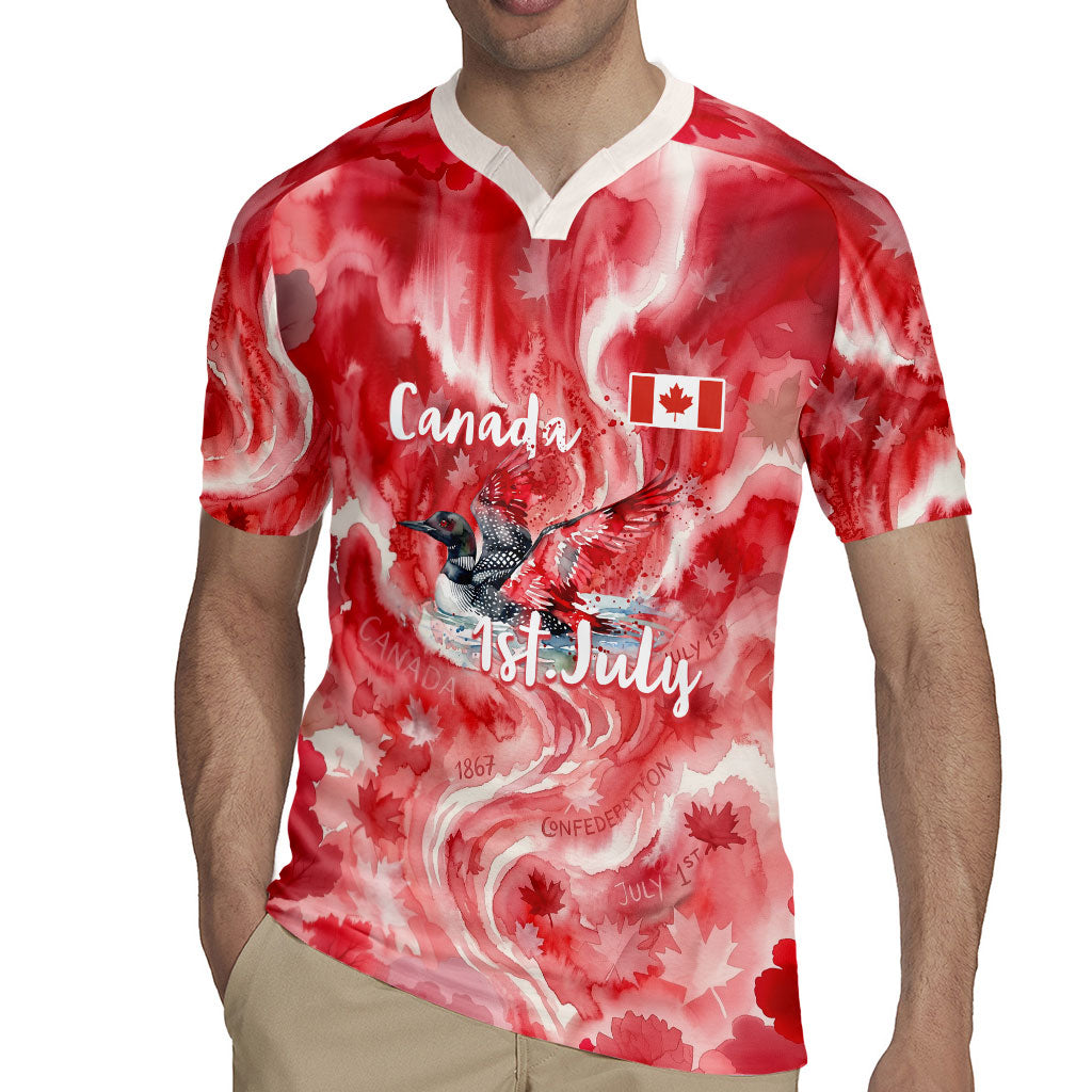 Canada Day Loon And Maple Leaf Rugby Jersey Watercolor Nature Scenery Mari Usque Ad Mare Artistic